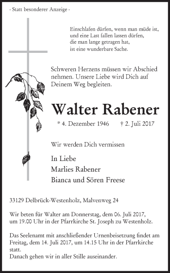 Traueranzeige von Walter Rabener von Westfalen-Blatt