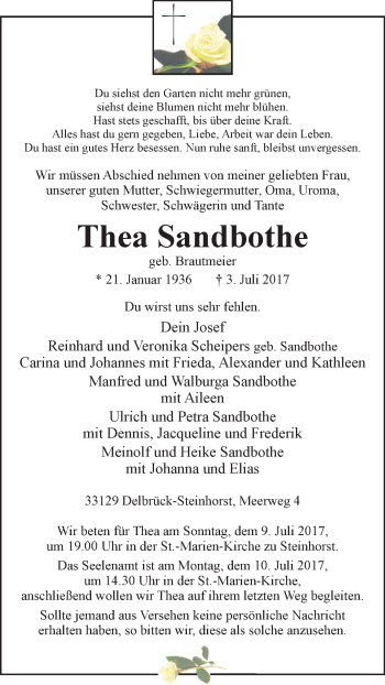 Traueranzeige von Thea Sandbothe von Westfalen-Blatt