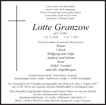 Traueranzeige von Lotte Granzow von Westfalen-Blatt