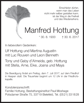 Traueranzeige von Manfred Hottung von Westfalen-Blatt