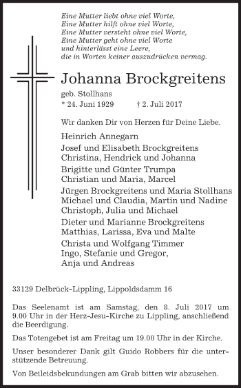 Traueranzeige von Johanna Brockgreitens von Westfalen-Blatt