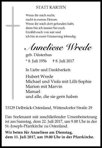 Traueranzeige von Anneliese Wrede von Westfalen-Blatt