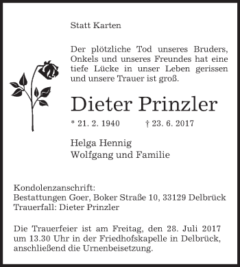 Traueranzeige von Dieter Prinzler von Westfalen-Blatt