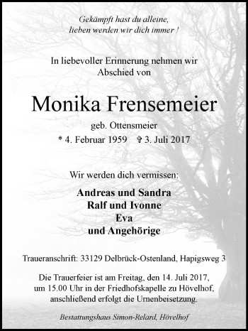 Traueranzeige von Monika Frensemeier von Westfalen-Blatt