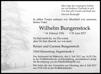 Traueranzeige von Wilhelm Bungenstock von Westfalen-Blatt