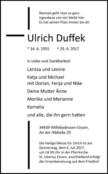 Traueranzeige von Ulrich Duffek von Westfalen-Blatt