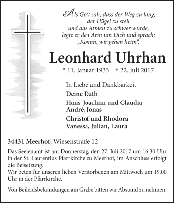 Traueranzeige von Leonhard Uhrhan von Westfalen-Blatt