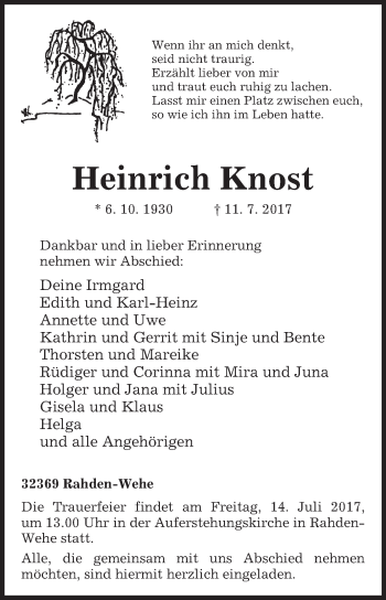 Traueranzeige von Heinrich Knost von Westfalen-Blatt