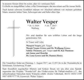 Traueranzeige von Walter Vesper von Westfalen-Blatt