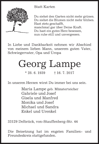 Traueranzeige von Georg Lampe von Westfalen-Blatt