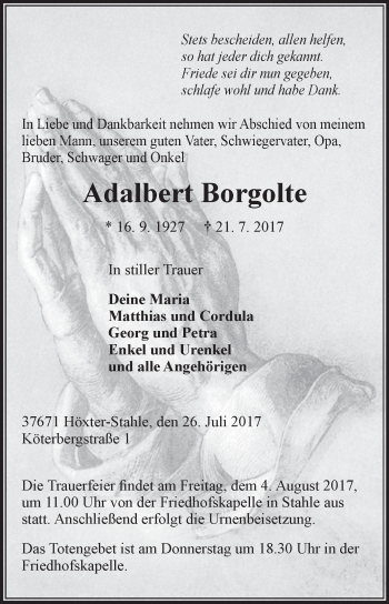 Traueranzeige von Adalbert Borgolte von Westfalen-Blatt