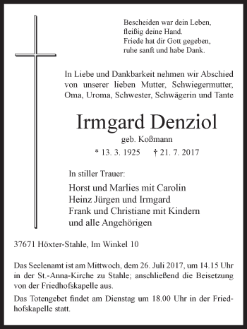 Traueranzeige von Irmgard Denziol von Westfalen-Blatt