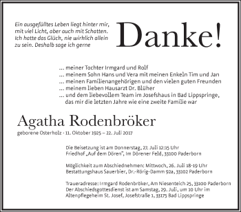 Traueranzeige von Agatha Rodenbröker von Westfalen-Blatt