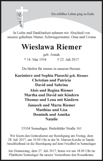 Traueranzeige von Wieslawa Riemer von Westfalen-Blatt