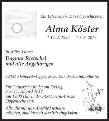 Traueranzeige von Alma Köster von Westfalen-Blatt