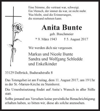 Traueranzeige von Anita Bunte von Westfalen-Blatt