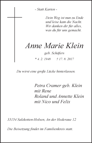 Traueranzeige von Anne Marie Klein von Westfalen-Blatt