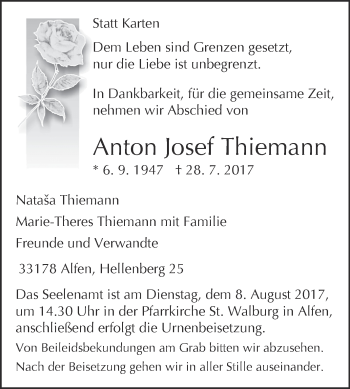 Traueranzeige von Anton Josef Thiemann von Westfalen-Blatt