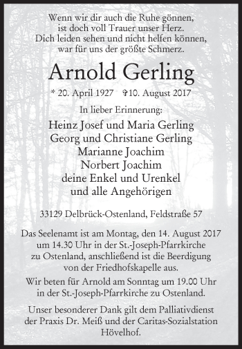 Traueranzeige von Arnold Gerling von Westfalen-Blatt