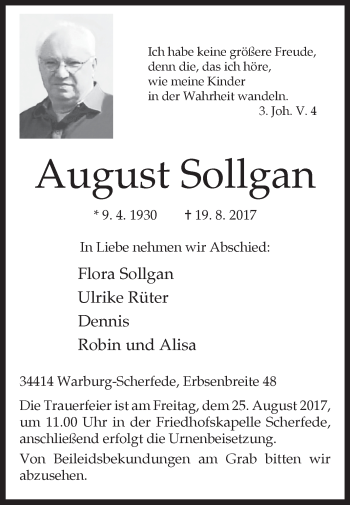 Traueranzeige von August Sollgan von Westfalen-Blatt