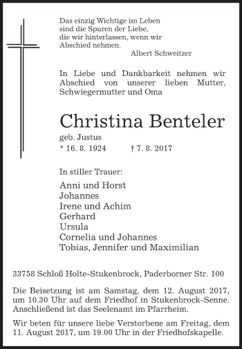 Traueranzeige von Christina Benteler von Westfalen-Blatt