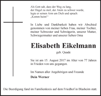 Traueranzeige von Elisabeth Eikelmann von Westfalen-Blatt