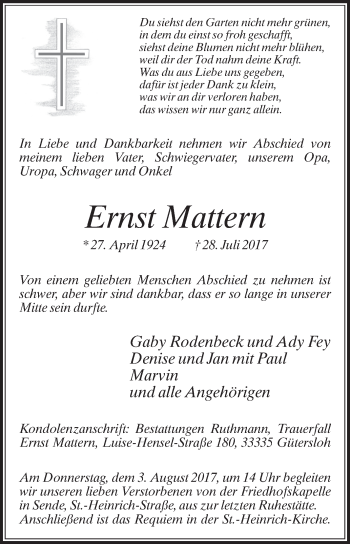 Traueranzeige von Ernst Mattern von Westfalen-Blatt