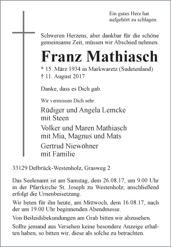 Traueranzeige von Franz Mathiasch von Westfalen-Blatt