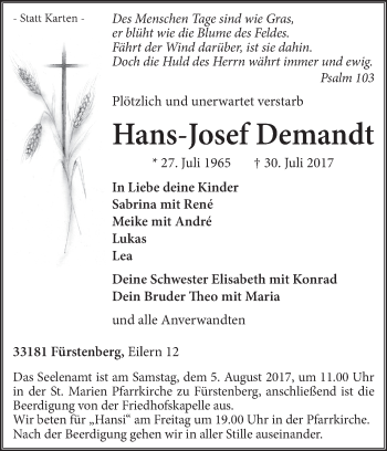 Traueranzeige von Hans-Josef Demandt von Westfalen-Blatt