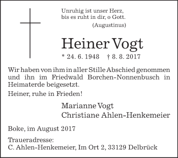 Traueranzeige von Heiner Vogt von Westfalen-Blatt