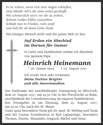 Traueranzeige von Heinrich Heinemann von Westfalen-Blatt