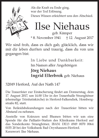 Traueranzeige von Ilse Niehaus von Westfalen-Blatt