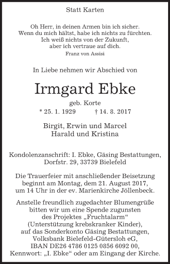 Traueranzeige von Irmgard Ebke von Westfalen-Blatt