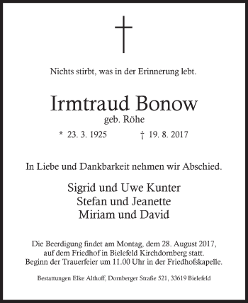 Traueranzeige von Irmtraud Bonow von Westfalen-Blatt