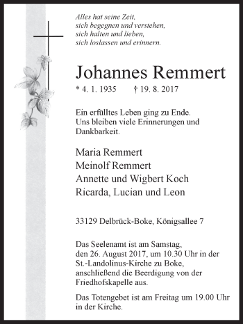 Traueranzeige von Johannes Remmert von Westfalen-Blatt