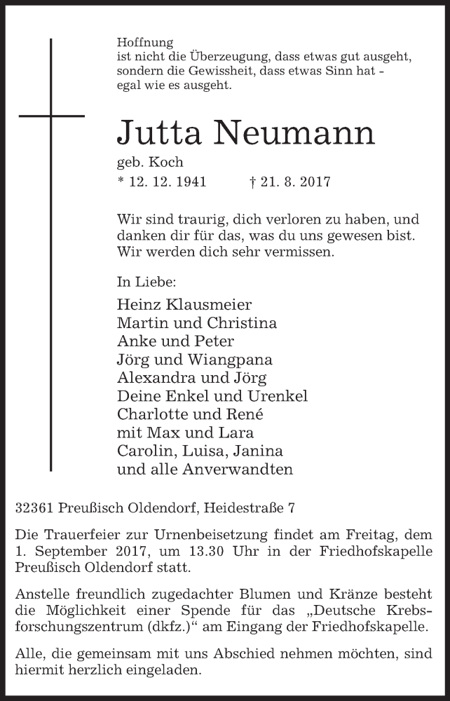 Traueranzeigen von Jutta Neumann | www.westfalen-blatt.de