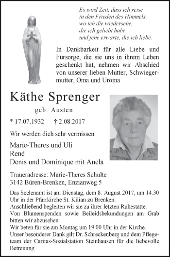 Traueranzeige von Käthe Sprenger von Westfalen-Blatt