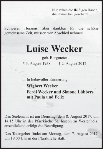 Traueranzeige von Luise Wecker von Westfalen-Blatt