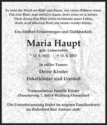 Traueranzeige von Maria Haupt von Westfalen-Blatt