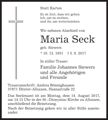 Traueranzeige von Maria Seck von Westfalen-Blatt