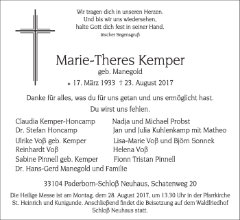 Traueranzeige von Marie-Theres Kemper von Westfalen-Blatt