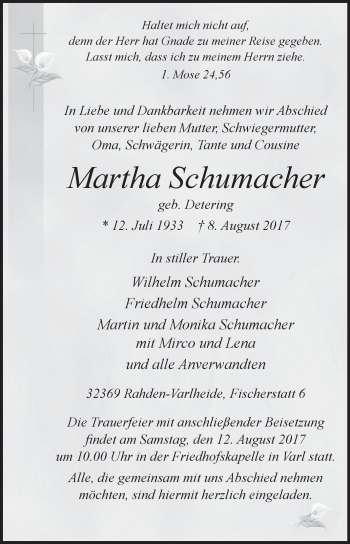 Traueranzeige von Martha Schumacher von Westfalen-Blatt