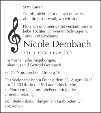 Traueranzeige von Nicole Dernbach von Westfalen-Blatt