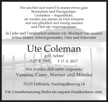 Traueranzeige von Ute Coleman von Westfalen-Blatt