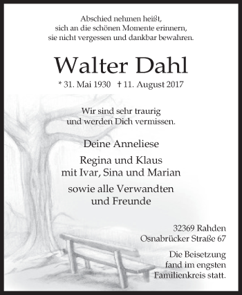 Traueranzeige von Walter Dahl von Westfalen-Blatt