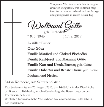 Traueranzeige von Waltraud Götte von Westfalen-Blatt