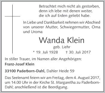 Traueranzeige von Wanda Klein von Westfalen-Blatt