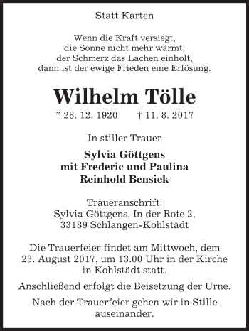 Traueranzeige von Wilhelm Tölle von Westfalen-Blatt