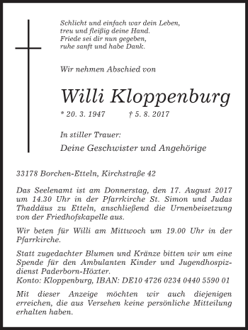 Traueranzeige von Willi Kloppenburg von Westfalen-Blatt