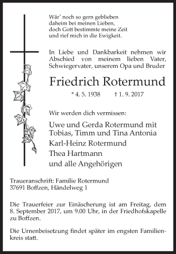 Traueranzeige von Friedrich Rotermund von Westfalen-Blatt